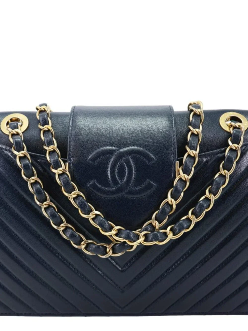 Chanel  Collar and Tie Flap Mini Chevron Sheepskin Leather Crossbody Bag Navy Bl